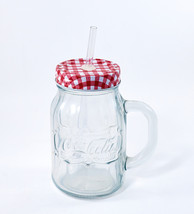 Embossed Coca Cola Mug 16 oz Clear Glass With Lid And Straw - $10.99