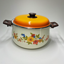 Vintage JMP Sweet Flowers 5 Qt Covered Dutch Oven Stew Pot Spain MCM Orange Brwn - £11.82 GBP