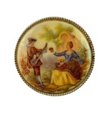 Vintage Gold Tone Circle Shape Victorian Man Playing Lute to Woman Brooch - $17.93 CAD