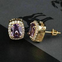 3.20Ct Cushion Cut Amethyst Push Back Halo Stud Earrings 14K Yellow Gold Finish - £76.61 GBP