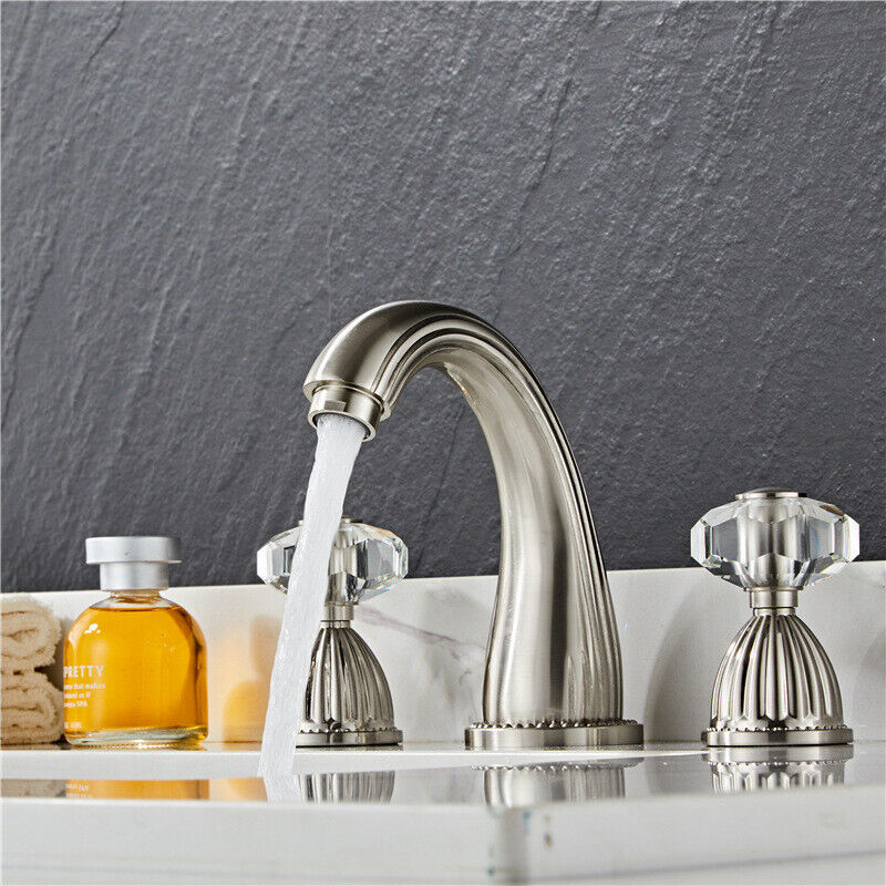 Brushed nickel 3 Hole Widespread bathroom Sink Faucet Crystal Handles Mi... - $98.99