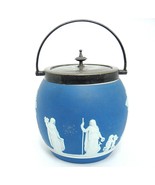 Antique Blue Jasperware Biscuit Jar Barrel with Lid and Handle Dipped En... - £53.00 GBP