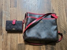 Coach F29210 Crossbody Bag - Dark Brow/Red Canvas With Matching Wallet  - $70.00