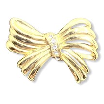 Vintage Ribbon Bow Gold Tone Brooch Pin Rhinestone Accents NOS 1.5”x 1” Unsigned - £10.05 GBP