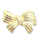 Vintage Ribbon Bow Gold Tone Brooch Pin Rhinestone Accents NOS 1.5”x 1” ... - £10.08 GBP