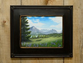 Original oil on canvas 15&quot;x18&quot; mountains with lupines in wood frame - £301.21 GBP