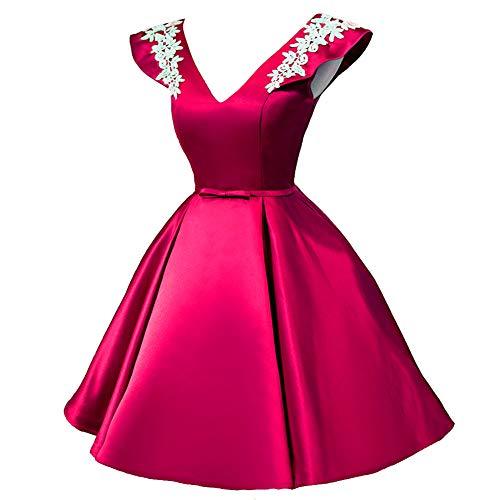 V Neck White Lace Short Satin Formal Prom Homecoming Dresses Party Fuchsia US 16