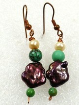 Copper color wire Keishi fancy pearl Turquoise Jade Pearl charm dangle earrings  - £20.51 GBP