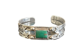 Navajo Fred Harvey Era Sterling Silver Cuff Bracelet with Green Turquoise Stone - £198.00 GBP