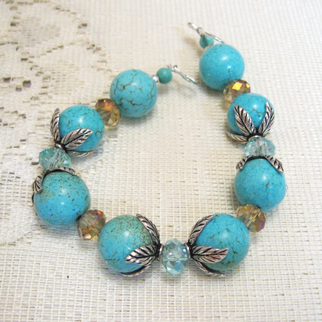 Turquoise Magnesite and Crystal Bracelet, Handmade - $24.00