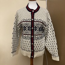 Vintage LL Bean Womens Nordic Hearts Fair Isle Cardigan Sweater Size L 90s - £47.47 GBP