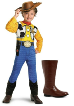 Boys Toy Story Woody Halloween Costume Jumpsuit Hat &amp; Cowboy Boots Delux... - £26.76 GBP