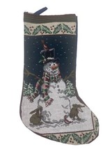 Vintage Tapestry Needlepoint Christmas Stocking Snowman Rabbits Cardinal Holly - $21.77