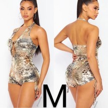 Metallic Animal Print Halter Side Ruched Tie Mini Romper ~ Size M - £26.46 GBP