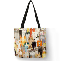 Design Cute Kawaii Anime Cat Print Linen Tote Bag Women Fashion Handbags School  - £13.88 GBP