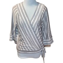 Lucky Brand Stripe Wrap Top Women&#39;s Size S Gray Textured 3/4 Sleeves Side Tie - £12.84 GBP