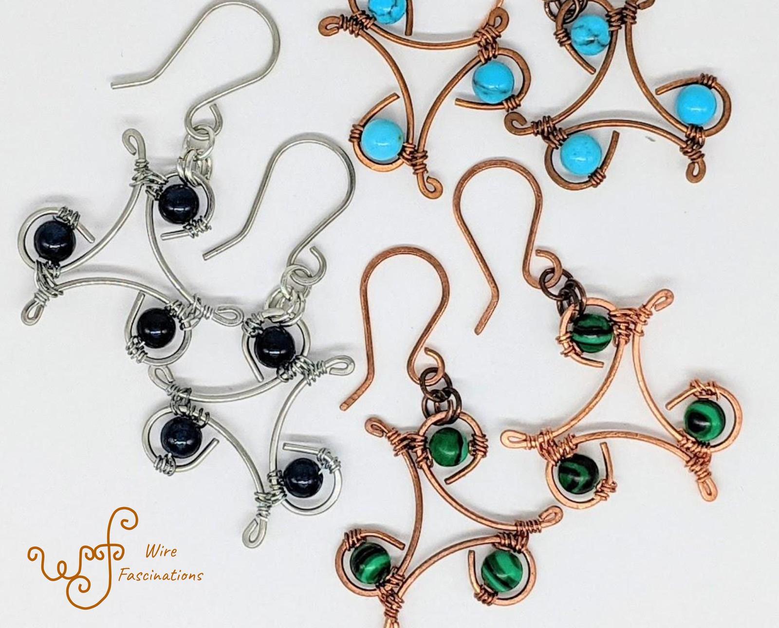 Handmade copper earrings: infinity triangle wire wrapped with round stone beads