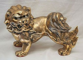 Foo Dog Lion Gold Color Rhinestone Eyes Ceramic Figurine Chinese Asian Statue - £134.03 GBP