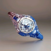 Earth mined Diamond Sapphire Deco Engagement Ring 1920s Solid Platinum Solitaire - $99,128.11 MXN