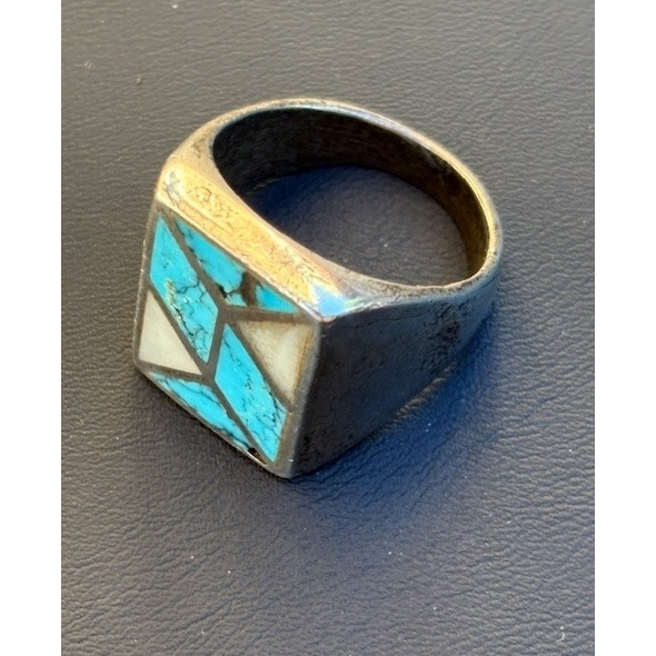 HEAVY MEN'S 925 STERLING SILVER TURQUOISE AND MOTHER OF PEARL RING SIZE SKY Item image 4