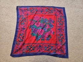 Vintage Large Square Scarf/Wrap, Blue Red Floral, 30&#39;&#39; x 30&#39;&#39; - £7.58 GBP