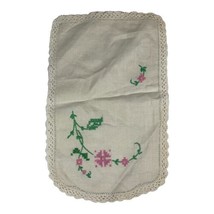 Floral Cross Stitch Dresser Scarf Centerpiece Doily Crochet Lace 16x12 Vintage  - £14.92 GBP