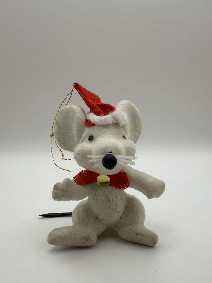 Vintage 1970s Flocked Mouse Christmas Ornament Santa Hat Red Bow Bell - $18.42 Vintage 1970s Flocked Mouse Christmas Ornament Santa Hat Red Bow Bell - $18.42