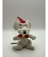 Vintage 1970s Flocked Mouse Christmas Ornament Santa Hat Red Bow Bell - $18.42
