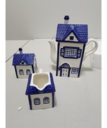 CKAO Vintage Ceramic Blue &amp; White House Teapot &amp; Lid w/Creamer &amp; Sugar &amp;... - $48.02 CAD