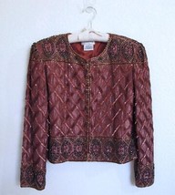 Vintage 80s Stenay Copper Brown Silk Trophy Sequin &amp; Bead Jacket S Glam Party - £64.33 GBP