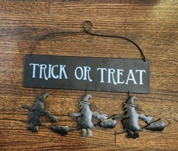 Metal Halloween Sign Trick Or Treat Black 3 Witches Hanging Indoor Decoration - $17.75