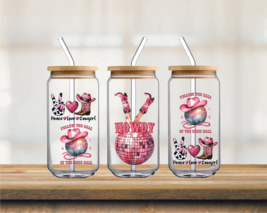 HOWDY Cowgirl legs w/ Disco Ball | UV DTF 16oz Glass Can - $75.62 MXN