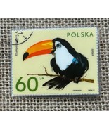 Handmade Polska Poland Toucan Stamp Brooch Artist Signed Novelty Jewelry - $19.80