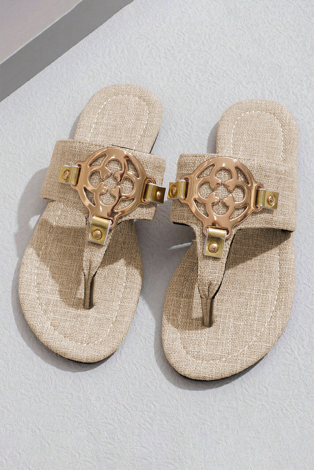 Beige Metal Decor Leather Thong Slippers Item image 5