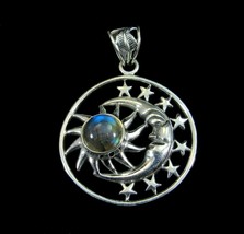 Solid 925 Sterling Silver Crescent Moon, Sun, &amp; Stars Pendant with Labradorite - £37.94 GBP