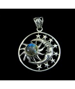 Solid 925 Sterling Silver Crescent Moon, Sun, &amp; Stars Pendant with Labra... - £38.36 GBP