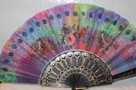 FAN ( SMALL HAND TYPE FAN ) WITH FLOWERS FLOWER SEQUINS A3 - £6.20 GBP