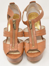 Michael Kors Berkley Platform Shoes Luggage Brown Leather T Strap Zipper Sandal - £73.17 GBP