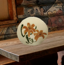 Boho Retro Round Flat Pottery Single Flower Vase Painted Orange Lilies - $34.98