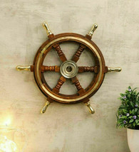 Brass Six Spoke Ship 18&#39;&#39; Wheel Wooden Stripe Steering Captain Boat Pirate Brown - £66.26 GBP