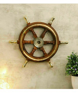 Brass Six Spoke Ship 18&#39;&#39; Wheel Wooden Stripe Steering Captain Boat Pira... - £64.47 GBP