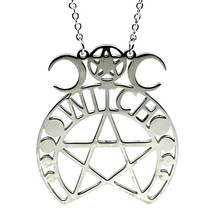 Witch Pendant Necklace Triple Moon Pentacle Wicca 20&quot; Chain Steel Jewellery - £7.11 GBP