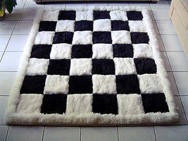 Designer alpaca fur carpet, black and white, chess design, 90 x 60 cm - £147.48 GBP