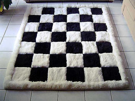 Designer alpaca fur carpet, black and white, chess design, 190 x 140 cm - £400.55 GBP