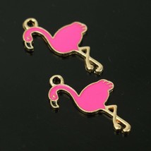 2 Pink Flamingo Charms Enamel Gold Tone Pendants Findings Tropical Bird - £3.49 GBP