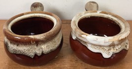 Pair Vintage Brown Drip Lava Glaze French Onion Soup Crocks Bowls w Handles - £29.08 GBP