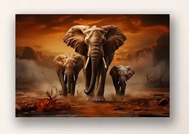 Scenic Majestic Elephants In The Sunset Canvas Print Framed 12&quot; x 16&quot; NEW! - £10.98 GBP