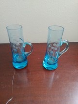 Vintage Aqua Blue Etched Cordial Shot Glass W/Handle 2pc - $17.04