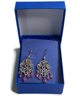 Silver Tone Dangle Earrings Pink Plastic Beads Hook Pierced - £6.14 GBP