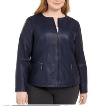 Alfani Womens Plus 1X Imperial Navy Blue Faux Leather Zip Up Jacket NWT H28 - $53.89